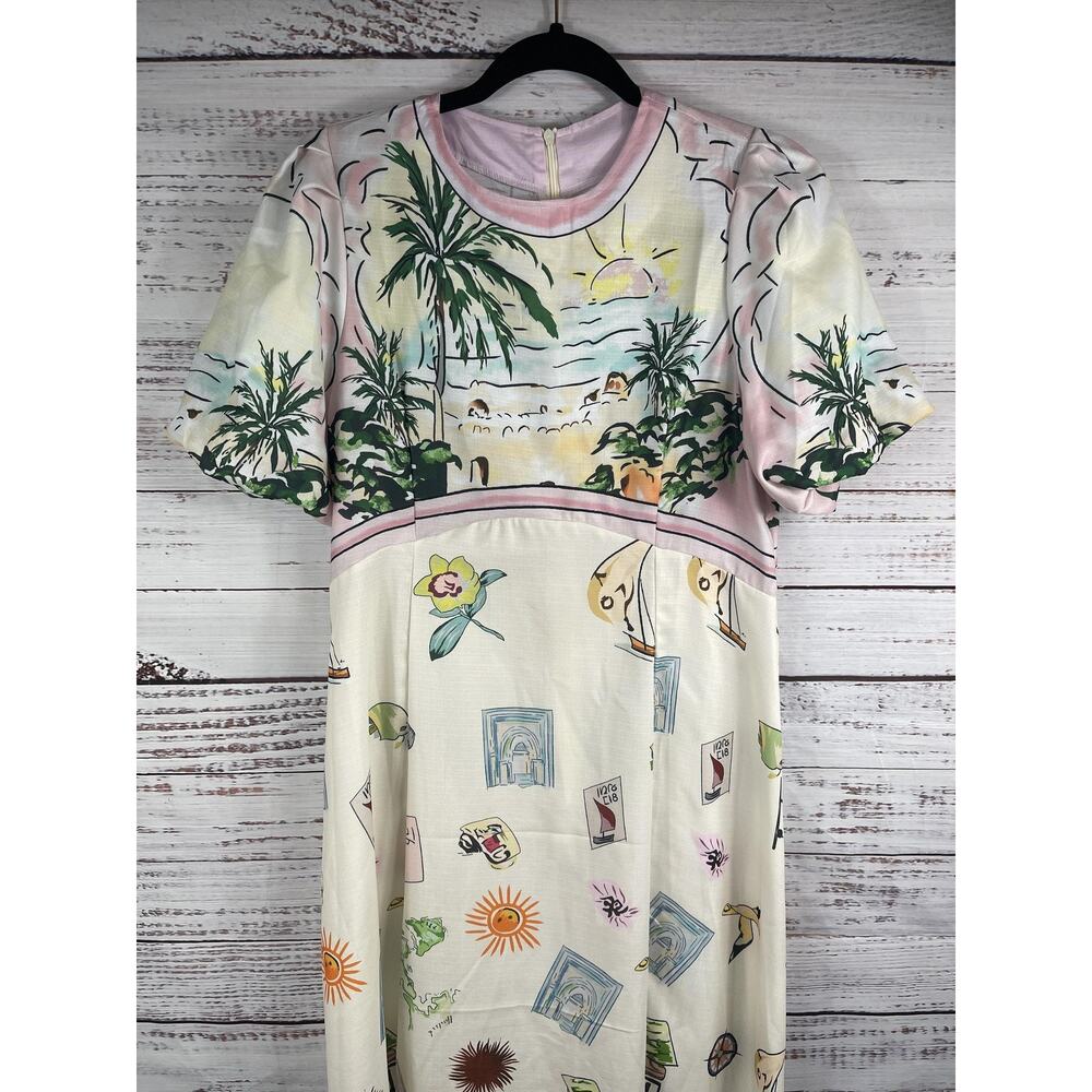 Dress Women's Size Large Multicolor Tropical Print Maxi Short Sleeve Beach Art - Picture 3 of 10